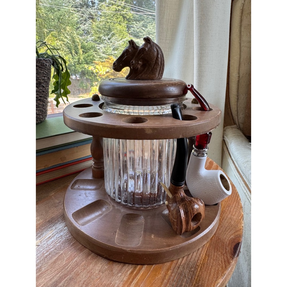 Vintage Wood Carousel 7 Pipe Stand Glass Humidor Jar Double Horse Head Finial